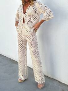 EURMUSE 鑽石針織花狀領飾連身褲夏季連身套裝遮陽服 - 米色 - 查看 5