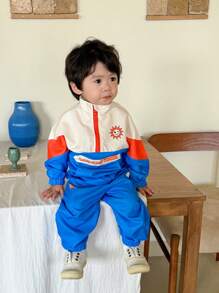 SHEIN Bộ áo khoác và quần họa tiết mới lạ màu sắc tương phản bé trai, trang phục thể thao mát mẻ thường ngày ngoài trời cho mùa xuân và mùa thu - Nhiều màu - Xem 4