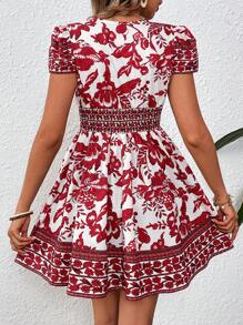 SHEIN VCAY Retro Printed V-Neck, Ruffled Sleeve, Cinched Waist, Short Woven Vacation Dress For Women