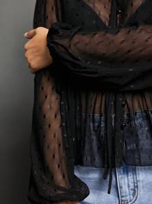 WESTFADE 透明圆点网眼立领蝴蝶结前褶饰荷叶边长袖上衣，适合女性秋季可爱上衣，适合返校、秋季、冬季、外出、休闲可爱波西米亚风上衣 - 黑色 - 查看 5