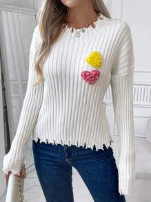 Chiquease 女士3D爱心装饰长袖套头毛衣，秋冬针织套头衫 - 白色 - 查看 1