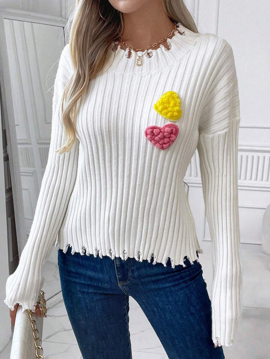 Chiquease 女士3D爱心装饰长袖套头毛衣，秋冬针织套头衫 - 白色 - 查看 1