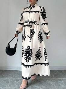 Flirla 加大码长袖抽绳腰部印花休闲宽松优雅连衣裙长款女装 - 杏色 - 查看 6