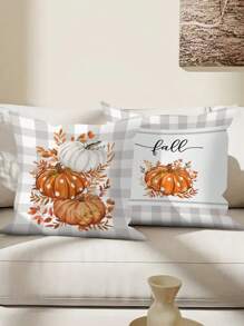 2 件秋季枕套，18*18 英寸水牛格子桉树叶波尔卡圆点白色和橙色南瓜秋季装饰靠垫套，农舍感恩节家居装饰品，适用于沙发客厅户外，枕套（无枕芯） - 橘色 - 查看 6