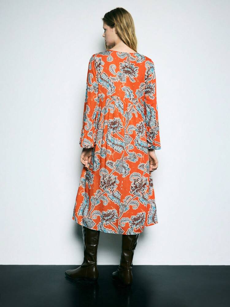SHEIN Maija Women Retro Style Printed Long Sleeve Short Dress Western Dress