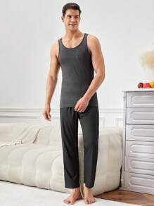Men Solid Color Crew Neck Undershirt, Sleeveless - Dark Grey - View 7