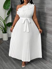 Slaydiva 大码优雅宴会不对称肩部荷叶边腰部褶皱杏色夏季连衣裙 - 杏色 - 查看 4