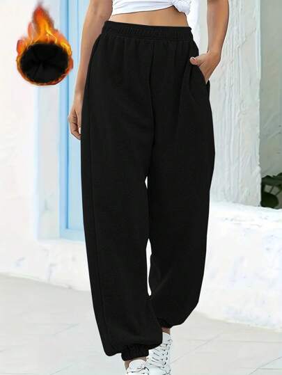 Women's High Waist Loose Wide Leg Pants, Thermal Lined , Elastic Waist, Casual Trousers For Fall/Winter