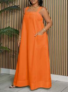 Slaydiva Vestido suelto de talla grande sin mangas con bolsillos y bajo en línea A para damas, primavera-verano - C