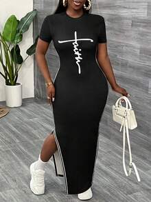Slaydiva Black Casual Split Hem Dress For Women - Black and White - View 4
