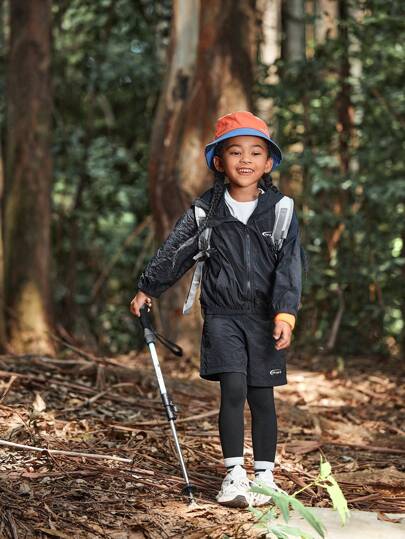 SHEIN Girls Outdoor Sports Hiking Camping Hiking Running Woven Jacket And Tight Pants Black Set