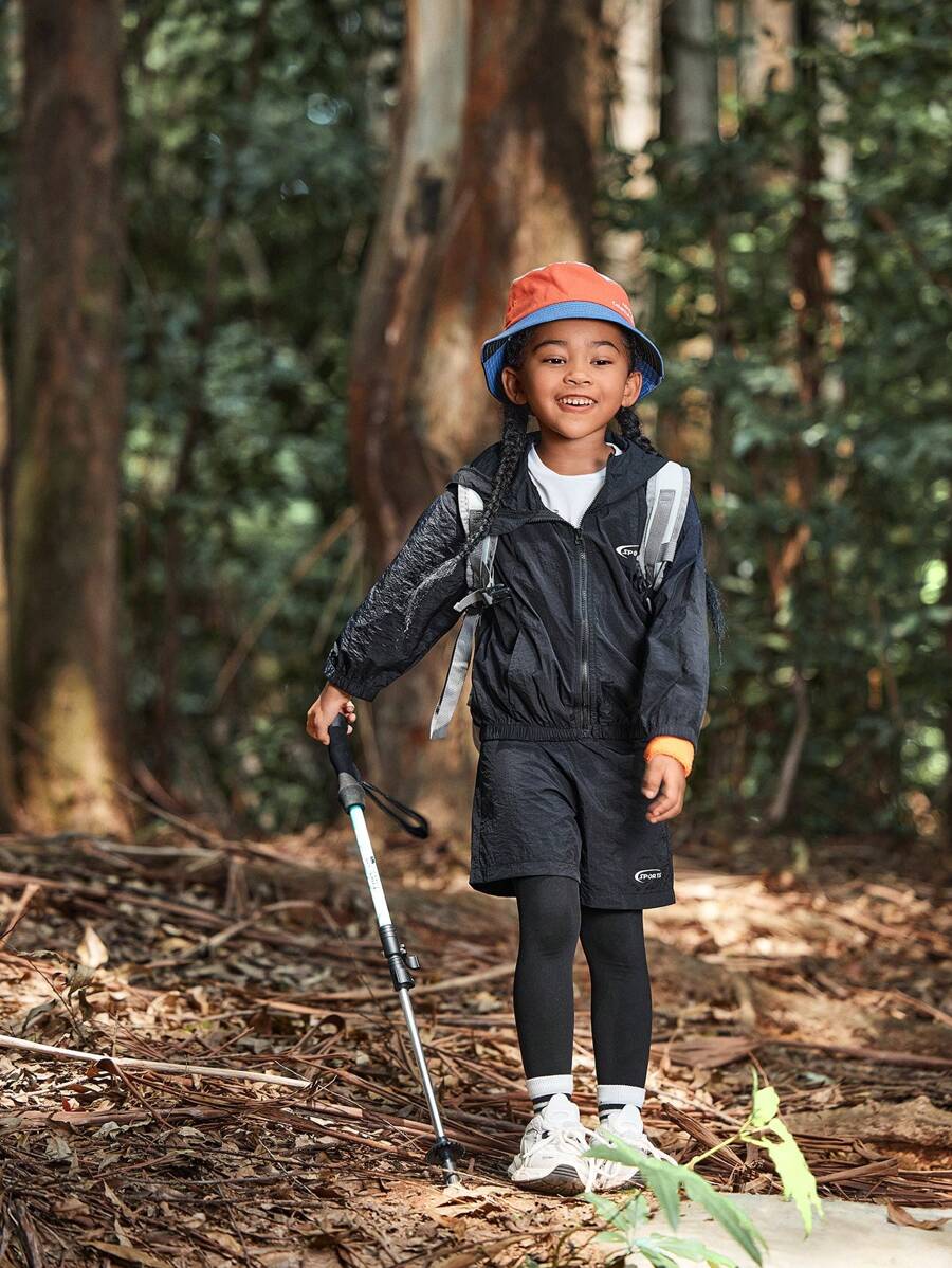 SHEIN Girls Outdoor Sports Hiking Camping Hiking Running Woven Jacket And Tight Pants Black Set - Black - View 1