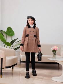 SHEIN 少女优雅千鸟格纹腰部拼接领口大衣，暖棕色调，秋冬 - 黑與白 - 查看 4