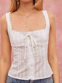 Enchnt Top de tirantes con cuello cuadrado, frente de encaje en contraste y lazo para mujer en verano