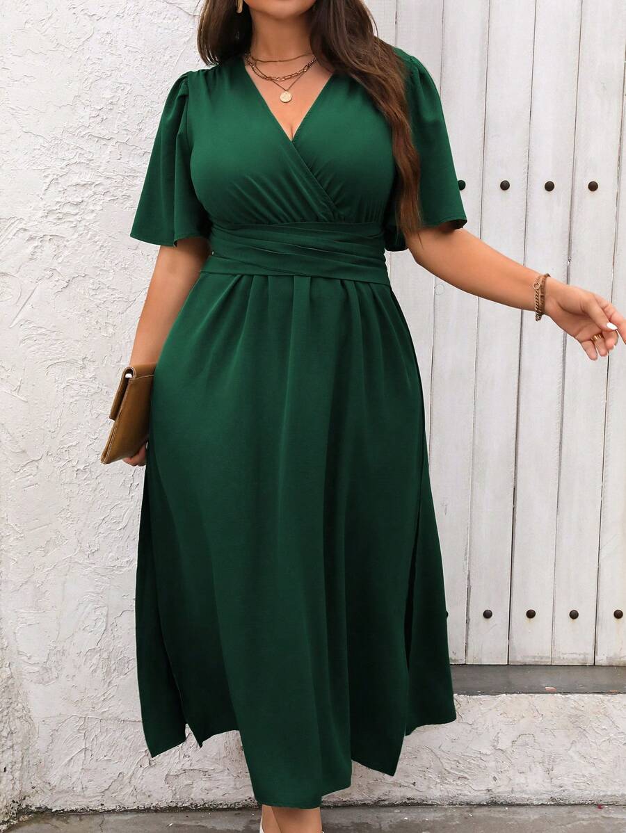 Vionelle Plus Size Casual Solid Color Waist Drawstring Side Split Dress, Summer Women Outfit