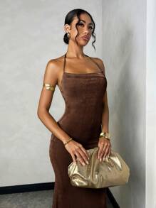 SHEIN BAE Váy trơn cho nữ đi nghỉ ở bãi biển, hẹn hò lãng mạn, mặc hàng ngày - Thanh lịch, đơn giản, hở lưng, dây mảnh, bó sát, váy trang trọng - Cà phê nâu - Xem 5