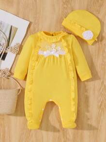 2pcs/Set Newborn Baby Girls Lace Trim Jumpsuit & Hat Set, Spring/Summer/Fall - Yellow - View 1