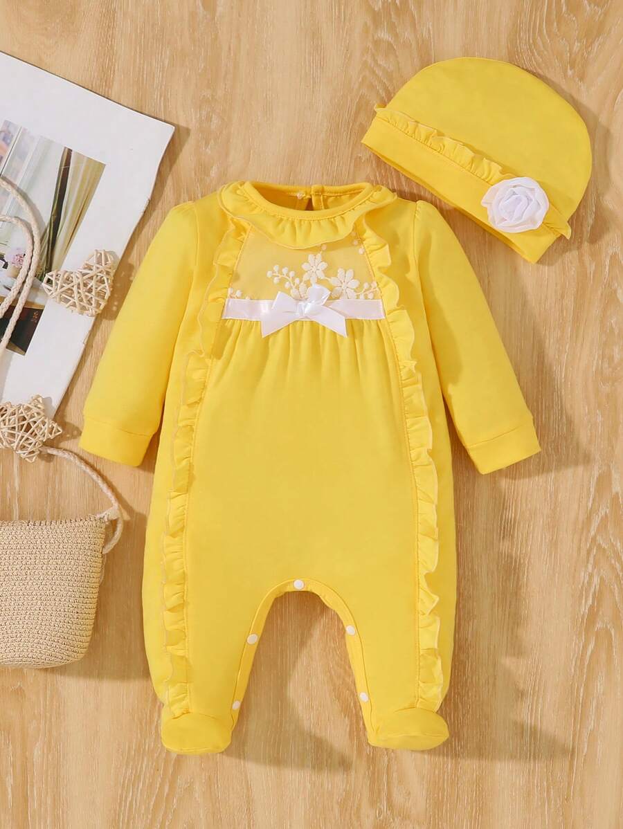 2pcs/Set Newborn Baby Girls Lace Trim Jumpsuit & Hat Set, Spring/Summer/Fall - Yellow - View 1