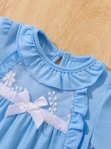 2件套新生女宝宝荷叶边蕾丝连体衣和帽子，春夏秋季 - 藍色 - 查看 3