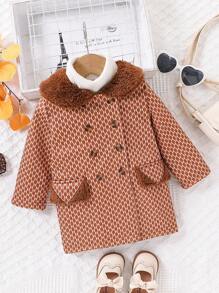 Baby Girls' Elegant Thick Letter Print Long Coat, Warm Outerwear For Casual Wear In Fall/Winter - Brown - View 1