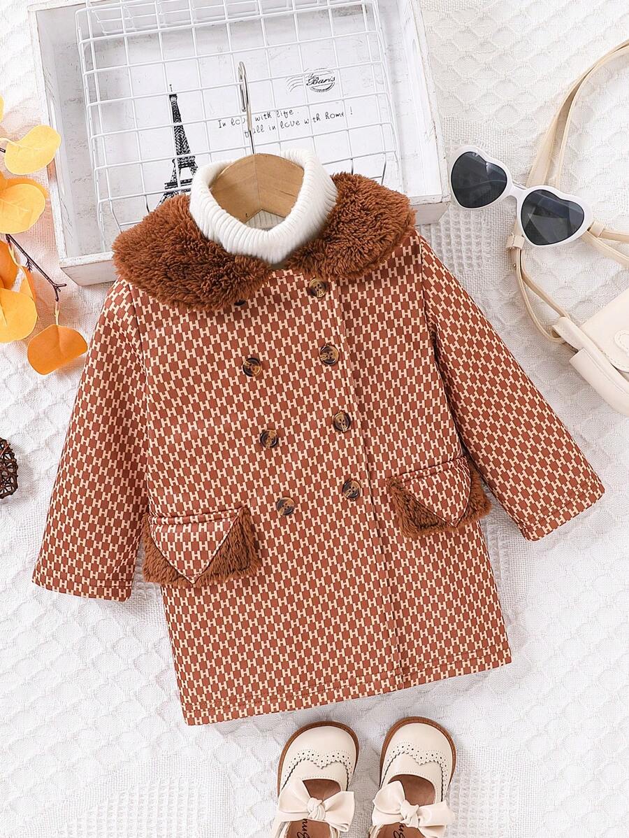 Baby Girls' Elegant Thick Letter Print Long Coat, Warm Outerwear For Casual Wear In Fall/Winter - Brown - View 1