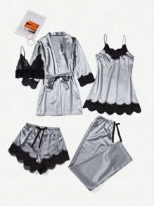 5pcs/Set Women Contrast Lace Robe With Camisole, Shorts And Pants Pajama Set - Baby Blue - View 1