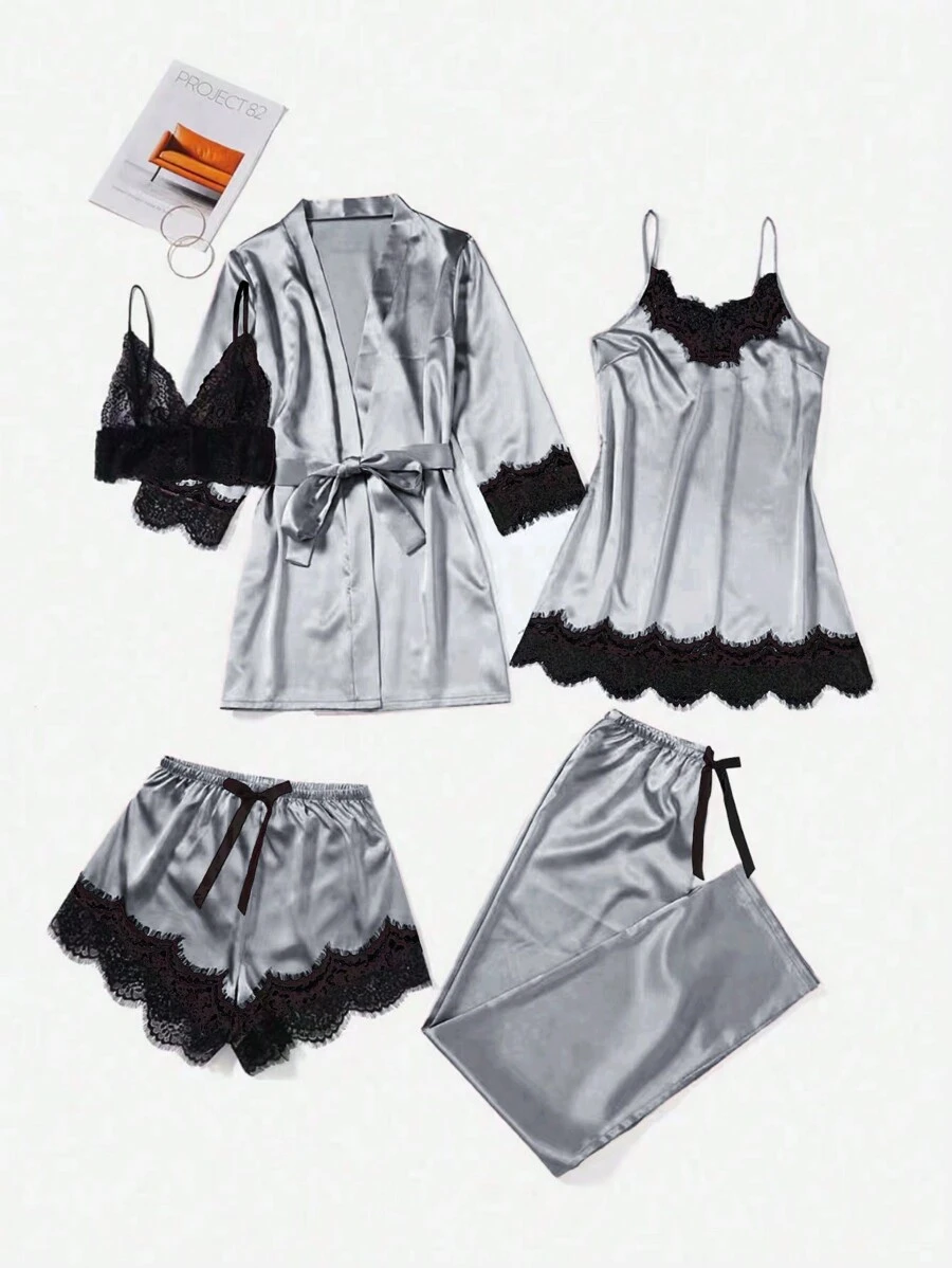 5pcs/Set Women Contrast Lace Robe With Camisole, Shorts And Pants Pajama Set - Baby Blue - View 1