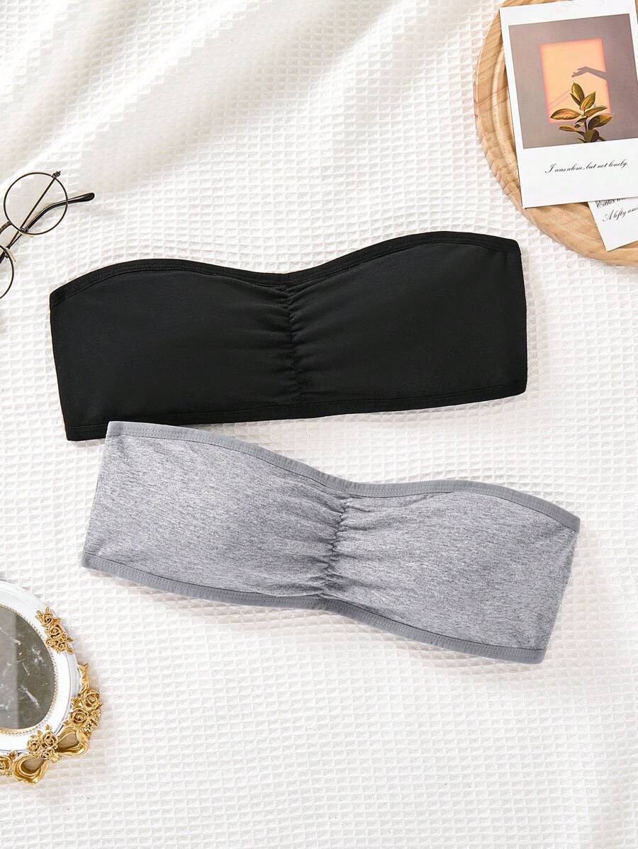 SHEIN 2pcs Teen Girls Casual Simple Comfortable Cotton Pleated Camisole, Breathable Intimate Sets - Light Grey - View 1