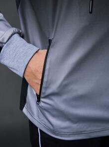 Manfinity Running Boyfriend Style Men Ombre Color Letter Print Raglan Sleeve Hooded Sports Jacket, Spring Autumn Training Top Sports Jacket