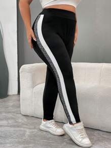 SHEIN CURVE+ 大码夏季休闲拼布弹力紧身裤，适合运动和日常穿着 - 黑色 - 查看 6