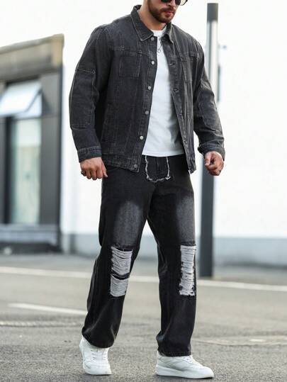 Manfinity Homme Plus Size Men's Solid Color Long Sleeve Jacket And Long Pants Denim Fall Outfits Suit