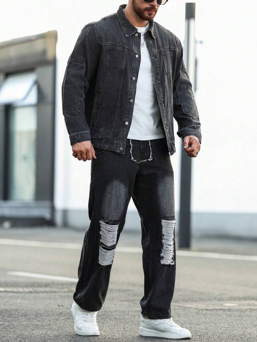 Manfinity Homme Plus Size Men's Solid Color Long Sleeve Jacket And Long Pants Denim Fall Outfits Suit - Black - View 1