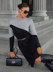 GENKIRA Elegant Commuter Elegant Color Block Half-High Collar Metal Buckle Belt Long Sleeve Midi Sweater Dress - Multicolor - View 4