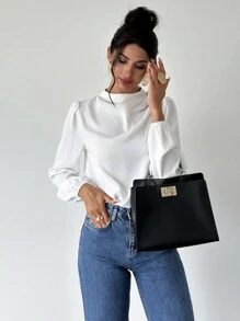 Firerie 女士时尚优雅办公室通勤白领肩部荷叶边泡泡袖衬衫 - 白色 - 查看 5