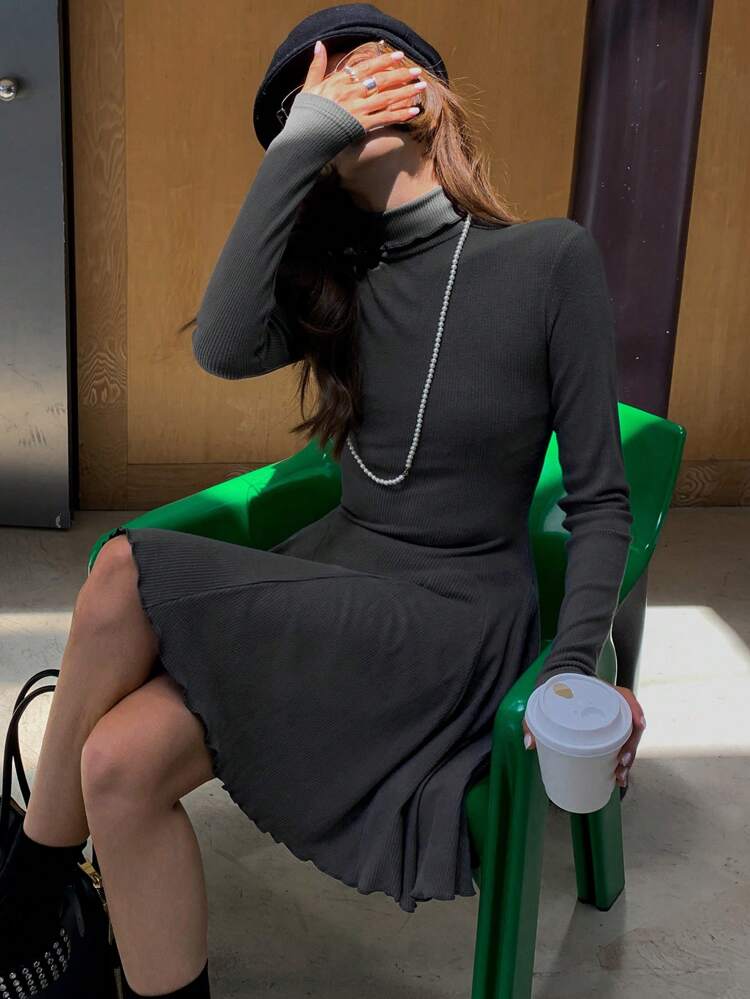 Women's Casual Solid Color Turtleneck Long Dress With Thermal Lining, Autumn/Winter,Fall Women Clothes Long Sleeve Dress