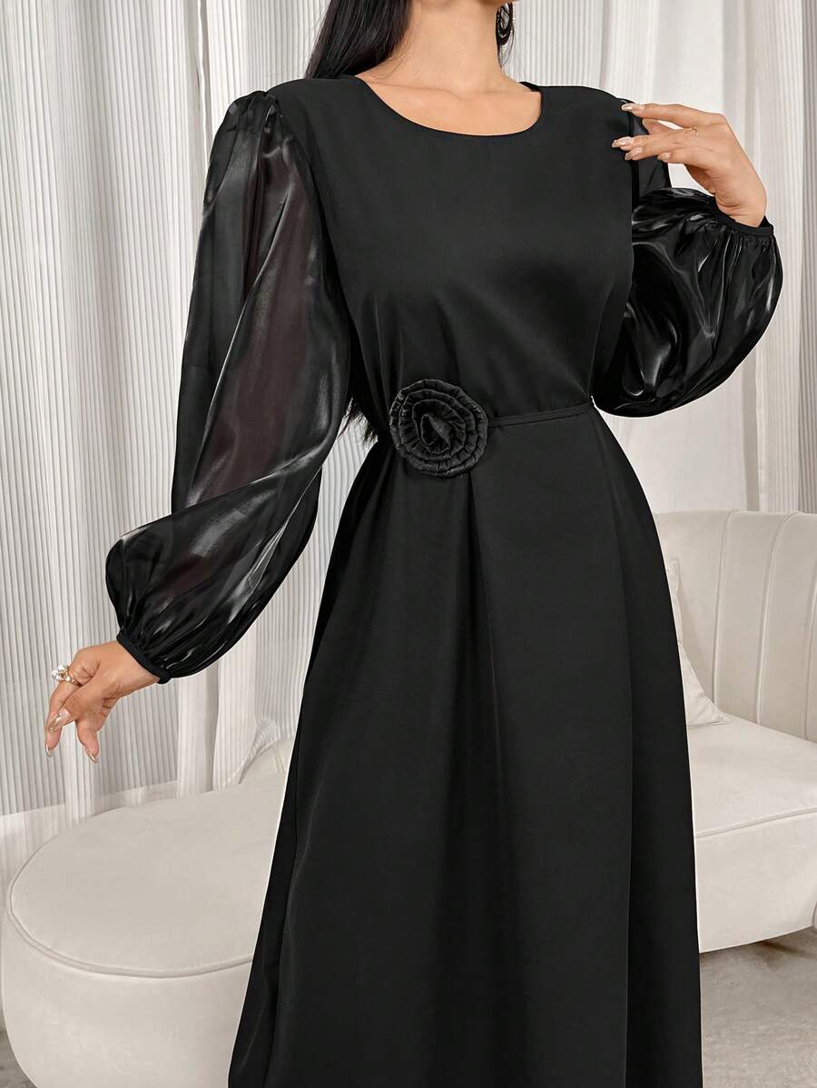 Al Najma 女士纯色圆领网眼灯笼袖花卉装饰优雅连衣裙，适合晚会/婚礼宾客的优雅风格，超长适中的长袖阿拉伯连衣裙 - 黑色 - 查看 1