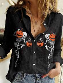 全新趣味南瓜骷髅怪物印花万圣节女式休闲宽松柔软翻领长袖衬衫 - 黑色 - 查看 3