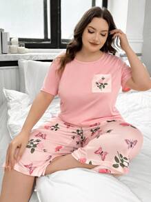 大码花卉印花短袖上衣和裤子睡衣套装