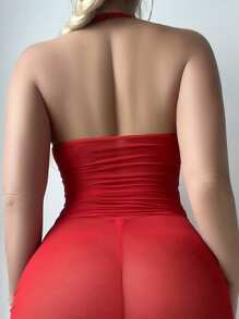 SHEIN 2 chiếc/bộ váy ngủ gợi cảm lưới khoét sâu trưởng thành - Đỏ - Xem 2