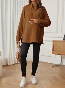 SHEIN Maternity Zipper Long Sleeve Casual Loose Split Design T-Shirt
