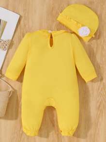2pcs/Set Newborn Baby Girls Lace Trim Jumpsuit & Hat Set, Spring/Summer/Fall - Yellow - View 2