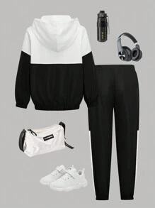 Tween Jongens Hooded Zip-Up Jack & Stripe Contrast Broek Set, Zwart, Herfst/Winter