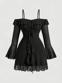SHEIN MOD Plus Size Coffee Off Shoulder Romantic Ruffle Flare Sleeve Short Dress - Black - View 1