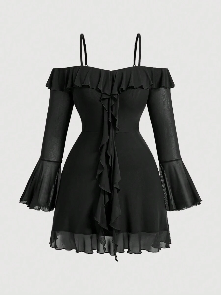 SHEIN MOD Plus Size Coffee Off Shoulder Romantic Ruffle Flare Sleeve Short Dress - Black - View 1