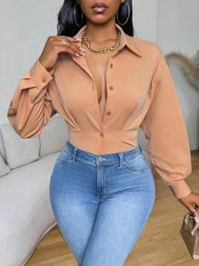 Zolique Women's Camel Autumn Elegant Office Solid Color Dropped Shoulder Long Sleeve Fitted Waist Short Shirt,Spring & Summer Texture Fabric Back To Work - Rust Brown - View 5