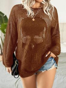 Calvaya Suéter de punto sólido con diseño calado, informal y de talla grande, para primavera, otoño e invierno - Marrón - Ver 1