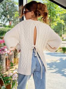RueChic Cable Knit Open Back Pullover Sweater - Beige - View 1