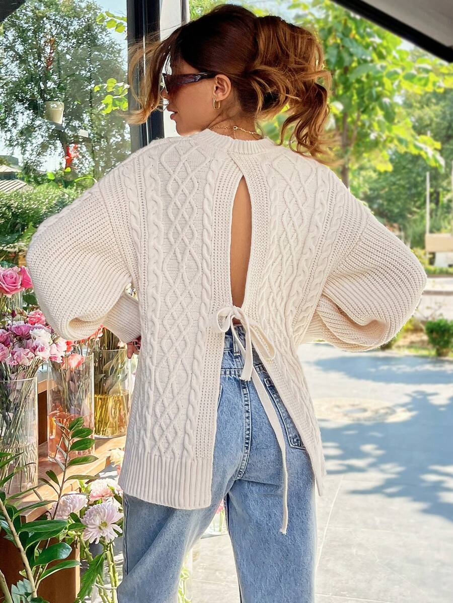 RueChic Cable Knit Open Back Pullover Sweater - Beige - View 1
