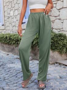EURMUSE Solid Straight Leg Trousers - Green - View 5