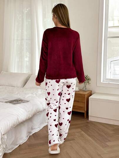 Heart Shaped Flannel Long Sleeve Top Pants Fluffy Pajama Set Warmth Cozy Elegante s, Fall Clothes view 2
